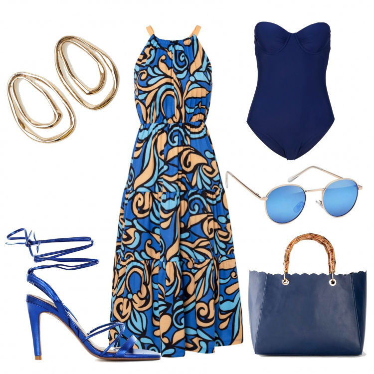 Outfit donna - Total look #1400922. Stile Casual chic per Tutti i giorni. Abbinamento con vestiti, borse a mano, costumi interi, sandali in pelle, orecchini, occhiali da sole.
