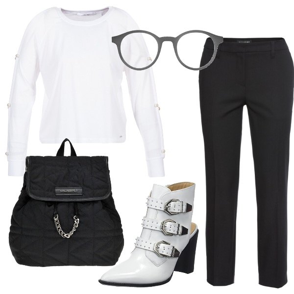 Outfit donna - Rock da giorno. Stile Rock per Tutti i giorni. Abbinamento con pantaloni, camicetta bianco, occhiali da sole, scarpe col tacco con cinturino bianco, catena con coulisse.