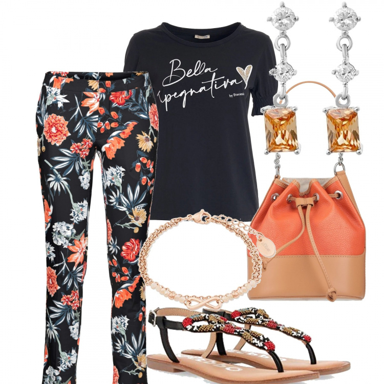Outfit donna - In città. Stile Casual per Tutti i giorni. Abbinamento con pantaloni, borse a mano, t-shirt, sandali, orecchini, braccialetti.