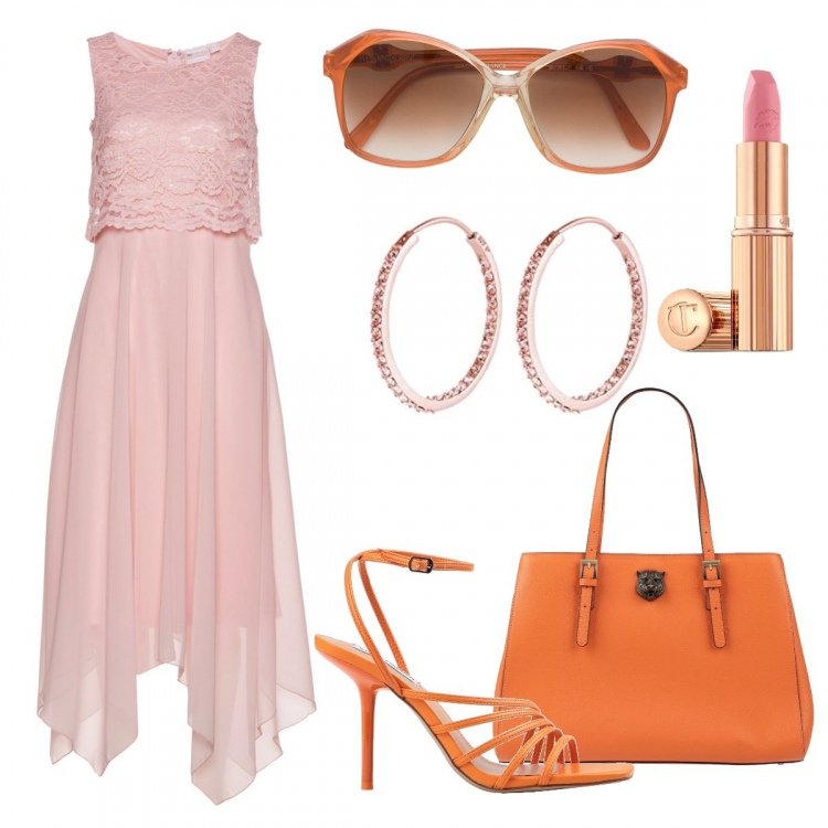 Outfit donna - Cerimonia raffinata. Stile Romantica per Cerimonia. Abbinamento con vestiti midi/longuette, borse a mano, sandali col tacco, occhiali da sole, rossetti, orecchini.