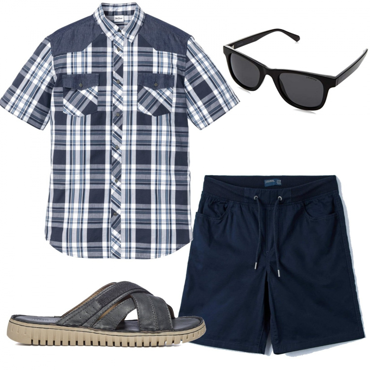 Outfit uomo - Total look #1401020. Stile Casual per Tutti i giorni. Abbinamento con camicie a manica corta, pantaloni corti, sandali, occhiali da sole.