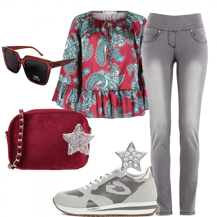 Outfit donna - In città. Stile Urban per Tutti i giorni. Abbinamento con jeans slim fit, borse a tracolla, bluse, sneakers, occhiali da sole, orecchini.