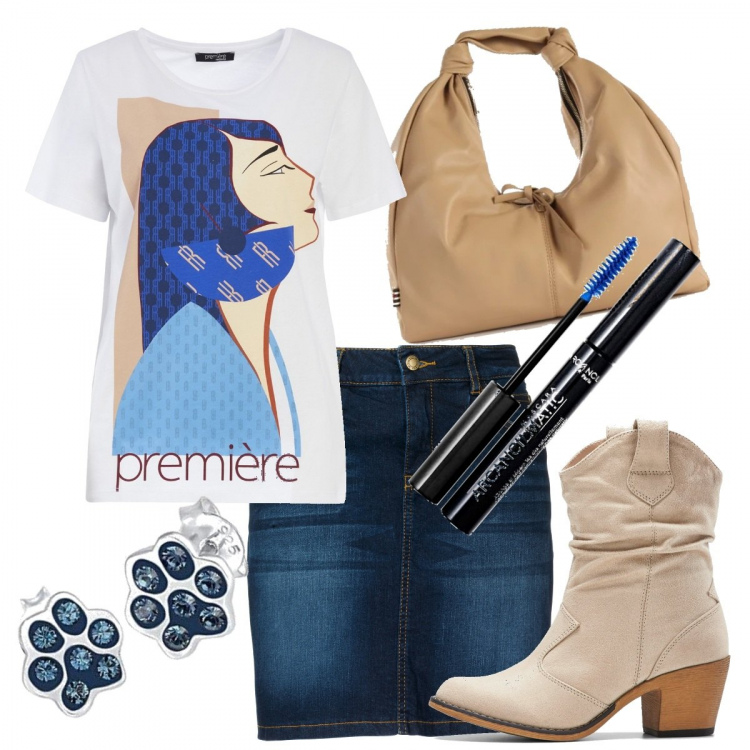 Outfit donna - Jeans e stivaletto tutto il giorno. Stile Basic per Tutti i giorni. Abbinamento con stivaletti texani, gonne, t-shirt, borse a spalla, orecchini, mascara.