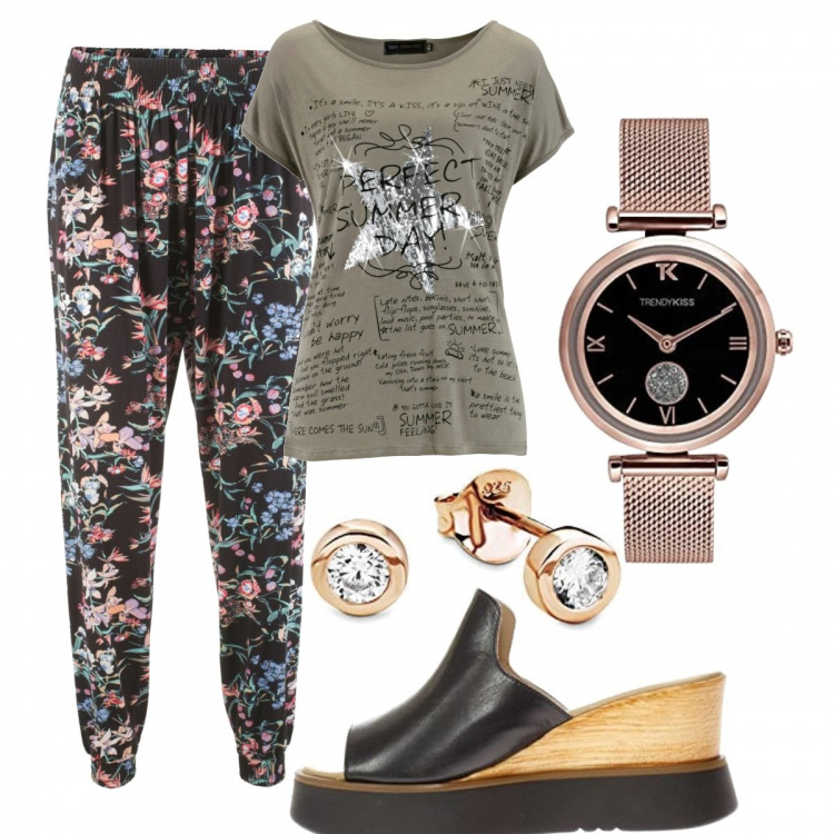 Outfit donna - Total look #1401313. Stile Basic per Tutti i giorni. Abbinamento con pantaloni, maglieria, sandali, orologi, orecchini.