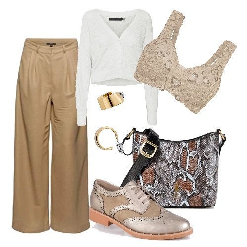 Outfit donna - Scollatura a vista. Stile Minimal per Tutti i giorni. Abbinamento con reggiseni, francesine, cardigans, pantaloni, borse a tracolla, orecchini.