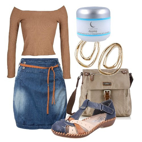 Outfit donna - Di corsa in facoltà. Stile Urban per Tutti i giorni. Abbinamento con minigonne, t-shirt, orecchini, borse a tracolla, mocassini, smalti.