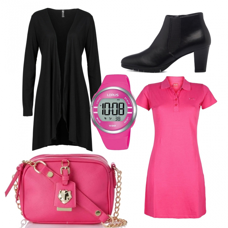 Outfit donna - Casual #14457. Stile Casual per Ufficio. Abbinamento con cardigans, vestiti corti, stivaletti, orologi digitali, borse a tracolla.