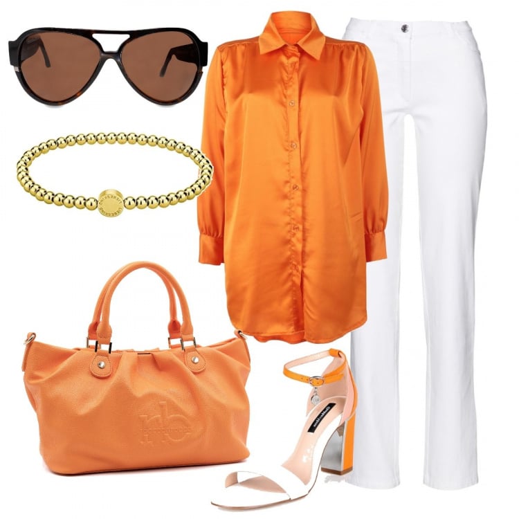 Outfit donna - Camicia e borsa arancione. Stile Trendy per Tutti i giorni. Abbinamento con pantaloni, sandali in pelle, camicie, occhiali da sole, borse a mano, braccialetti.