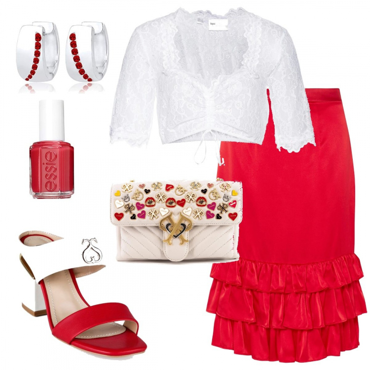 Outfit donna - Festa. Stile Romantica per Serata fuori. Abbinamento con gonne longuette, camicie, sabot, borse a tracolla, smalti, orecchini.