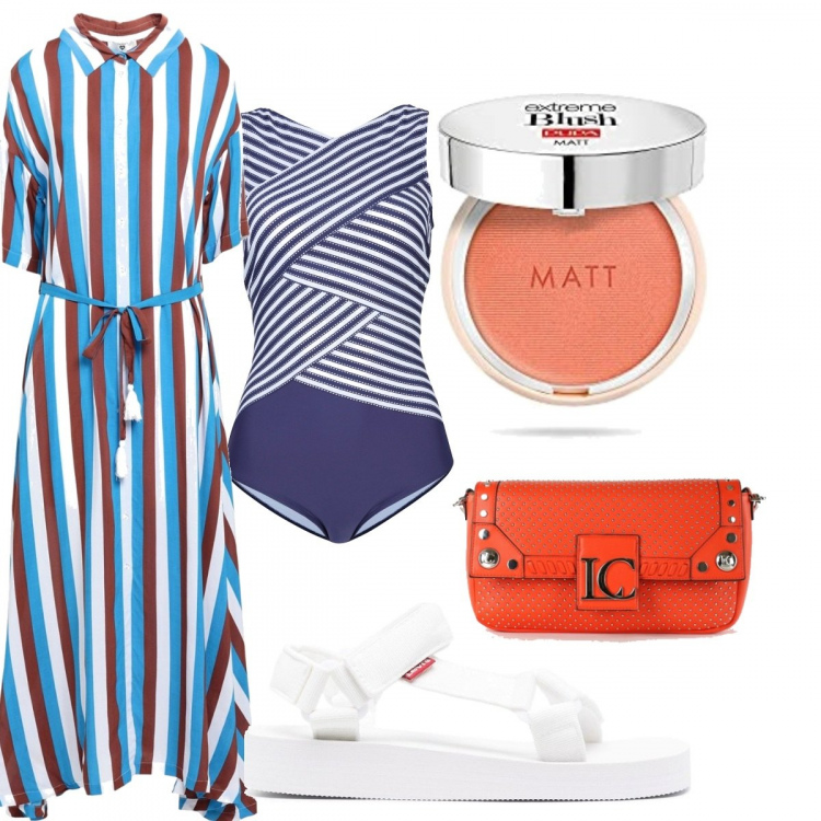 Outfit donna - Total look #1402258. Stile Chic per Mare. Abbinamento con costumi interi, vestiti da spiaggia, borse a mano, sandali, blush.