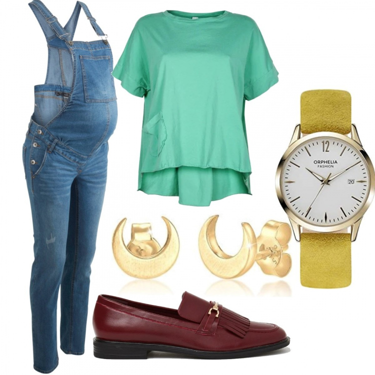 Outfit donna - Total look #1402263. Stile Basic per Tutti i giorni. Abbinamento con salopette, t-shirt, mocassini, orologi, orecchini.