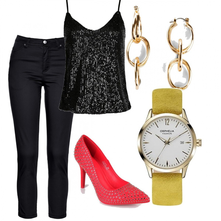 Outfit donna - Total look #1402289. Stile Glamour per Serata fuori. Abbinamento con pantaloni, orecchini, top, décolleté, orologi.