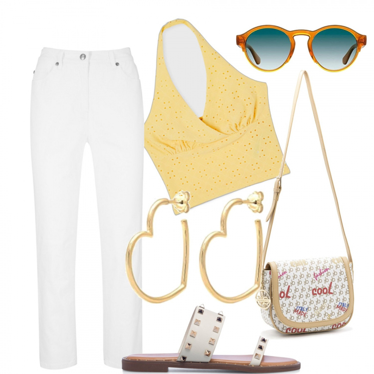 Outfit donna - In città. Stile Casual per Tutti i giorni. Abbinamento con pantaloni, top, borse a tracolla, sandali in pelle, occhiali da sole, orecchini.