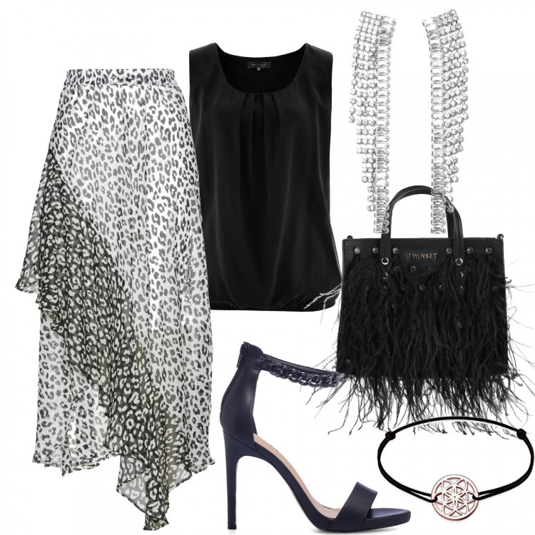 Outfit donna - Serata. Stile Casual chic per Serata fuori. Abbinamento con top, gonne, borse a mano, orecchini, sandali in pelle, braccialetti.