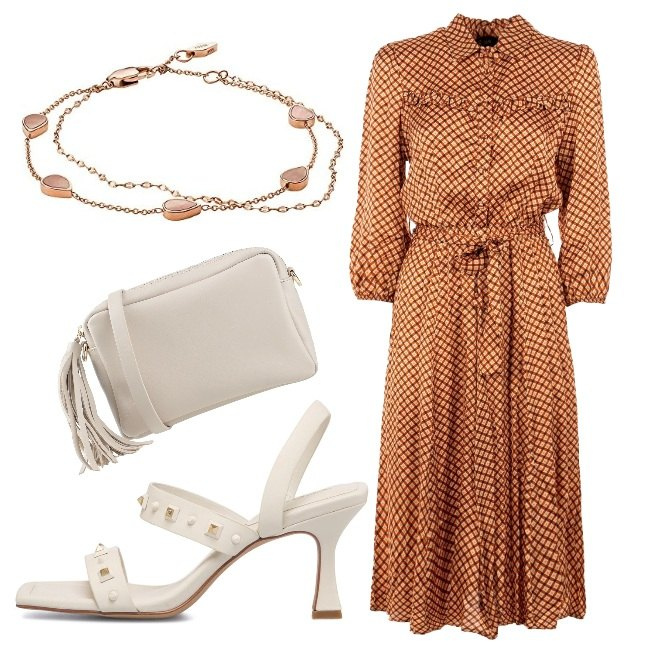 Outfit donna - Dall\'armadio della nonna. Stile Casual chic per Serata fuori. Abbinamento con borse a tracolla, vestiti midi/longuette, sandali col tacco, braccialetti.