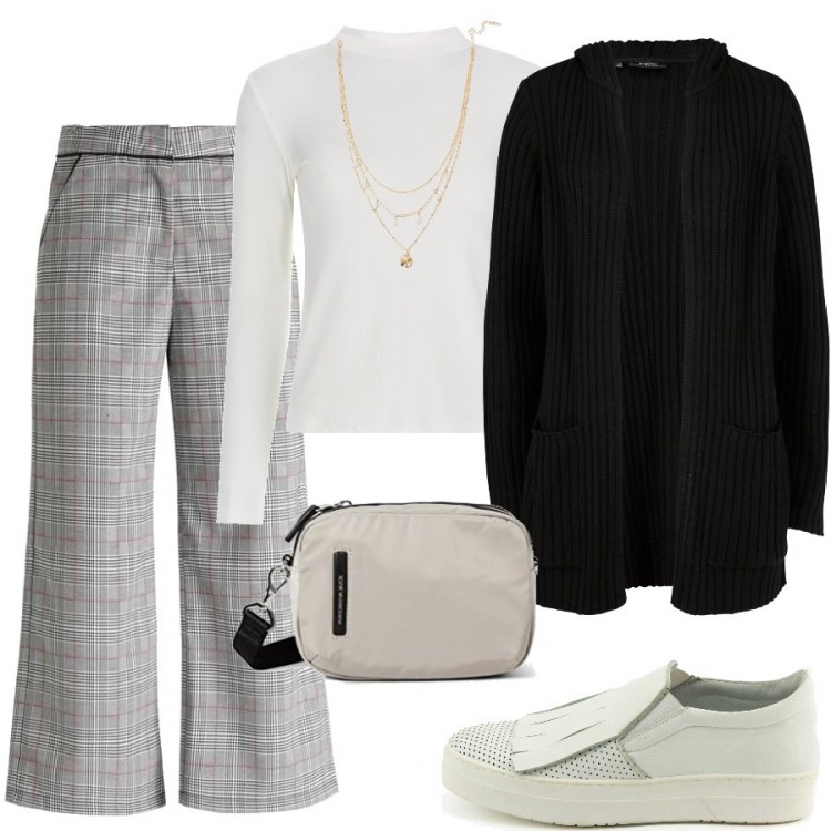 Outfit donna - Pratica con le sneakers. Stile Casual per Ufficio. Abbinamento con cardigans, pantaloni, sneakers, collane, maglieria, borse a tracolla.