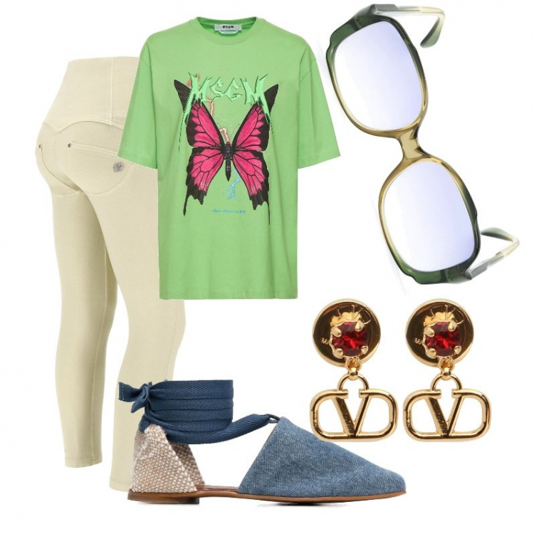 Outfit donna - Total look #1402383. Stile Basic per Ufficio. Abbinamento con pantaloni skinny, ballerine, occhiali da sole, orecchini, t-shirt.