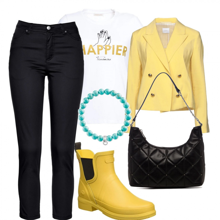 Outfit donna - La pioggia non mi ferma. Stile Casual chic per Tutti i giorni. Abbinamento con pantaloni, blazer, t-shirt, borse a spalla, stivali di gomma, braccialetti.