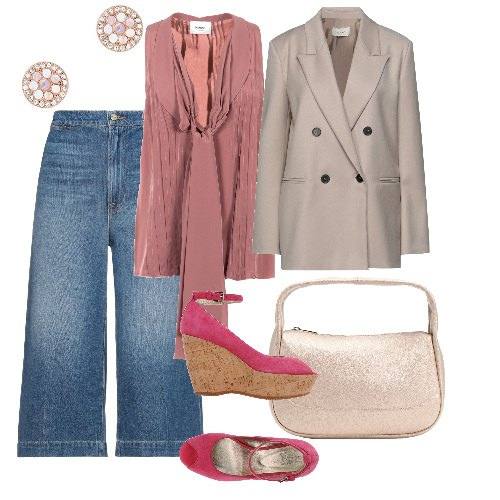 Outfit donna - Chic anche coi sugheri. Stile Casual chic per Serata fuori. Abbinamento con décolleté, jeans, blazer, borse a mano, camicie, orecchini.