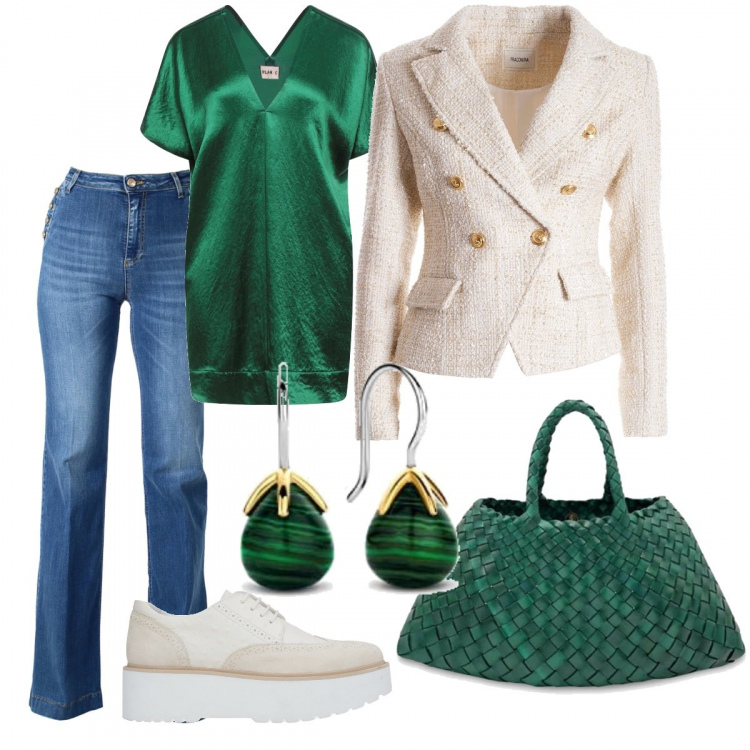 Outfit donna - In ufficio al meglio. Stile Casual chic per Ufficio. Abbinamento con scarpe stringate, bluse, blazer, pantaloni, orecchini, borse a mano.