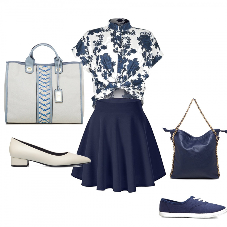 Outfit donna - Total look #1402645. Stile Romantica per Tutti i giorni. Abbinamento con sneakers, camicie a manica corta, décolleté, borse a mano, borse a spalla, gonne.
