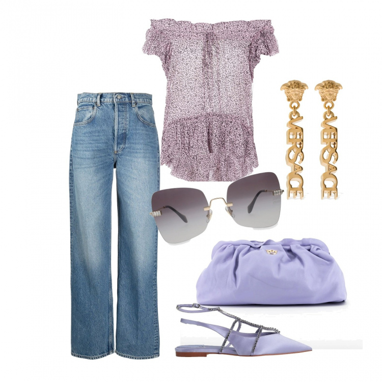 Outfit donna - Non troppo vestita. Stile Casual per Tutti i giorni. Abbinamento con ballerine, occhiali da sole, bluse, borse a tracolla, jeans, orecchini.