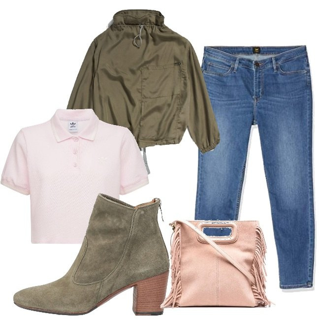Outfit donna - Gita fuori porta. Stile Basic per Tutti i giorni. Abbinamento con stivaletti, camicie, borse tote, jeans skinny, polo.