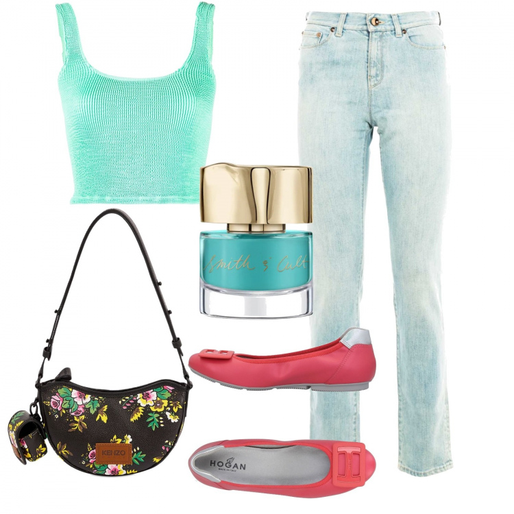 Outfit donna - Con le mie amiche. Stile Trendy per Tutti i giorni. Abbinamento con ballerine, jeans, top, smalti, borse a spalla.