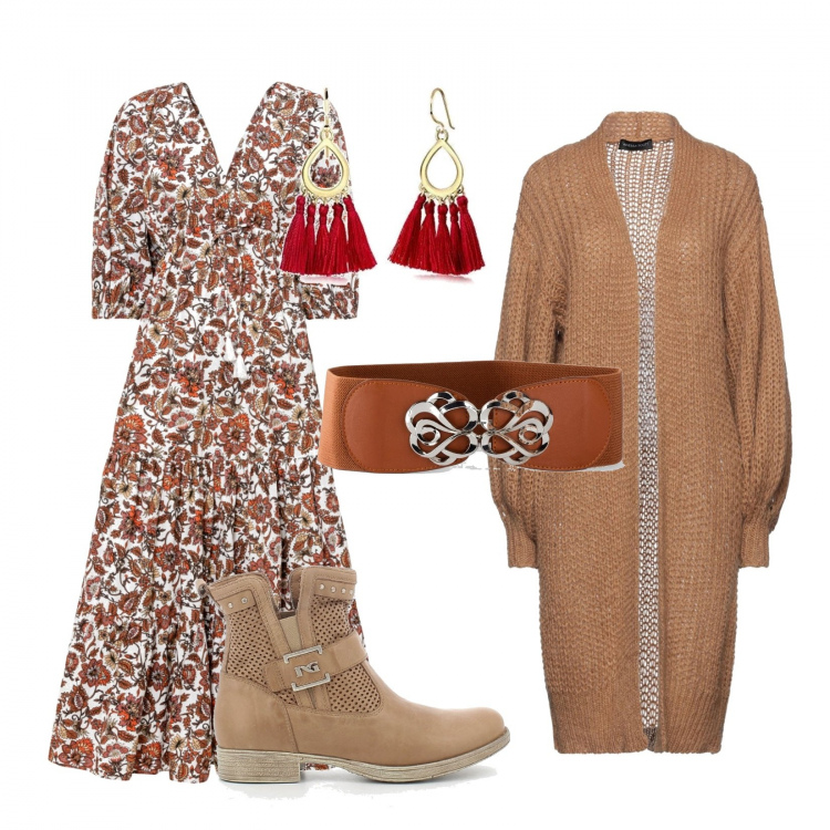 Outfit donna - Una donna libera. Stile Boho per Tutti i giorni. Abbinamento con cinture, vestiti lunghi, cardigans, stivali, orecchini.