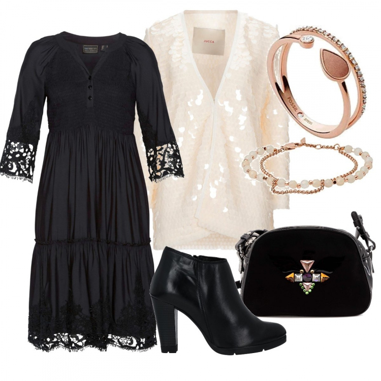 Outfit donna - Nero e bianco sempre una garanzia. Stile Casual per Tutti i giorni. Abbinamento con vestiti chemisier, blazer, stivaletti, borse a tracolla, braccialetti, anelli.