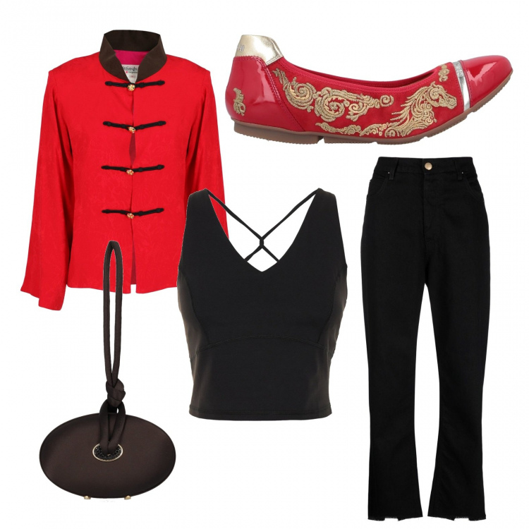 Outfit donna - Echi dall\'Oriente. Stile Casual per Tutti i giorni. Abbinamento con ballerine, borse a mano, blazer, pantaloni a palazzo, top.