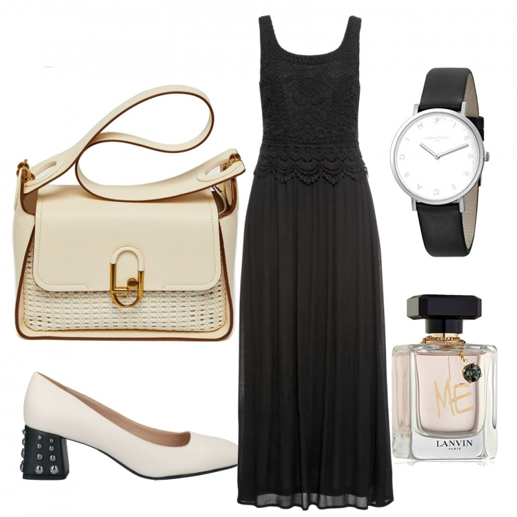 Outfit donna - L\'abito nero. Stile Chic per Serata fuori. Abbinamento con décolleté, vestiti midi/longuette, borse a tracolla, profumi, orologi.