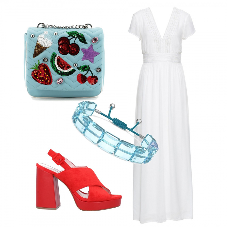Outfit donna - La borsetta fantasia. Stile Glamour per Tutti i giorni. Abbinamento con vestiti lunghi, sandali in pelle, borse a tracolla, braccialetti.