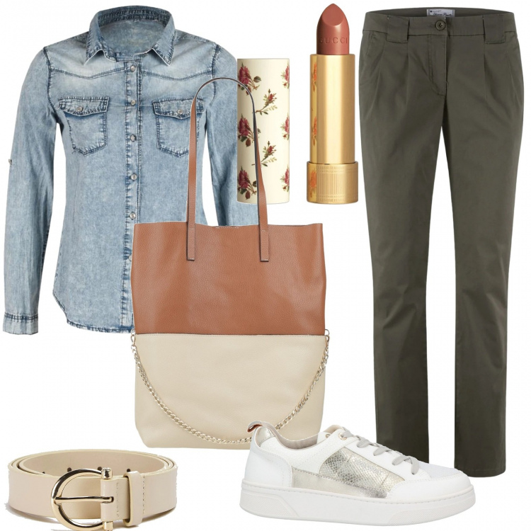 Outfit donna - Routine. Stile Basic per Tutti i giorni. Abbinamento con pantaloni chino, borse a spalla, sneakers, cinture, camicie, rossetti.