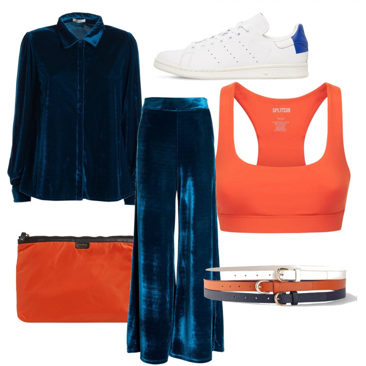 Outfit donna - Elegante sportivo. Stile Glamour per Tutti i giorni. Abbinamento con cinture, pantaloni a palazzo, camicie, pochette, sneakers, top.
