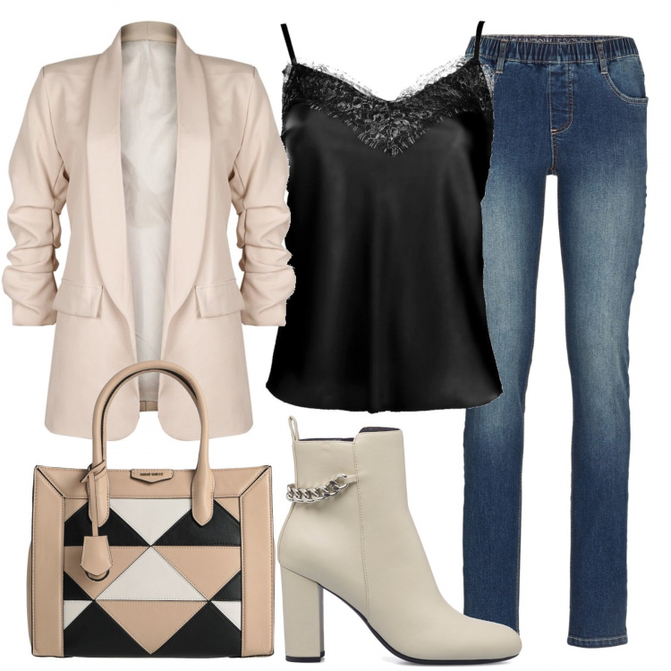 Outfit donna - Uno stivaletto sul jeans. Stile Casual per Tutti i giorni. Abbinamento con borse a mano, jeggings, blazer, top, stivaletti.