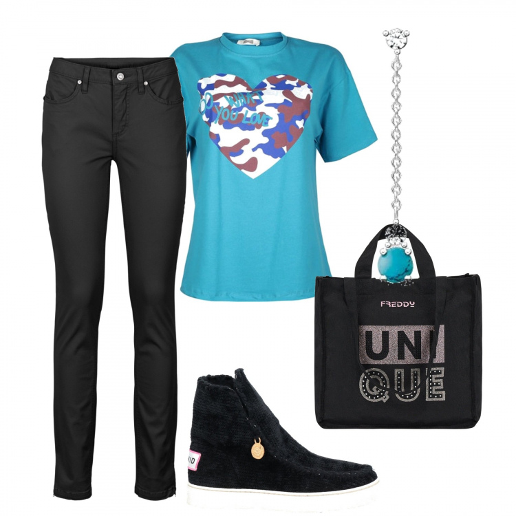 Outfit donna - Con le amiche. Stile Casual per Tutti i giorni. Abbinamento con jeans skinny, stivaletti, t-shirt, shopping bag, orecchini.