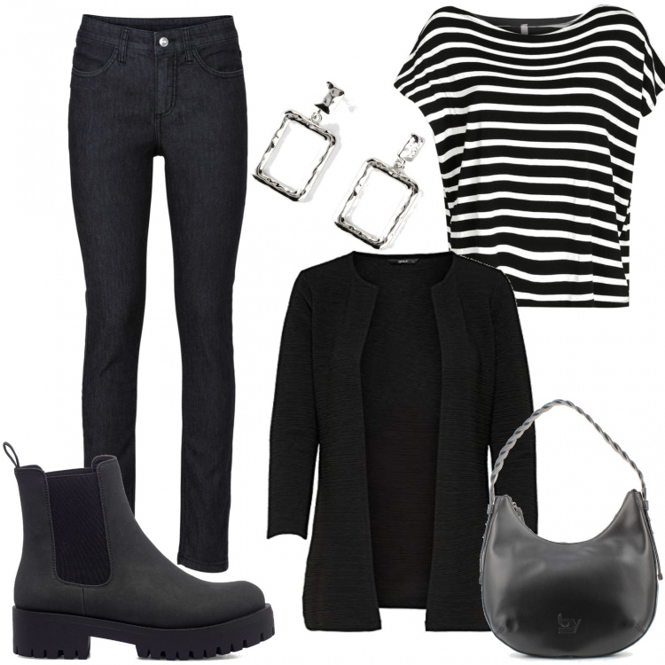 Outfit donna - Un rientro grintoso. Stile Urban per Scuola/Università. Abbinamento con jeans skinny, orecchini, t-shirt, borse a mano, stivaletti, cardigans.