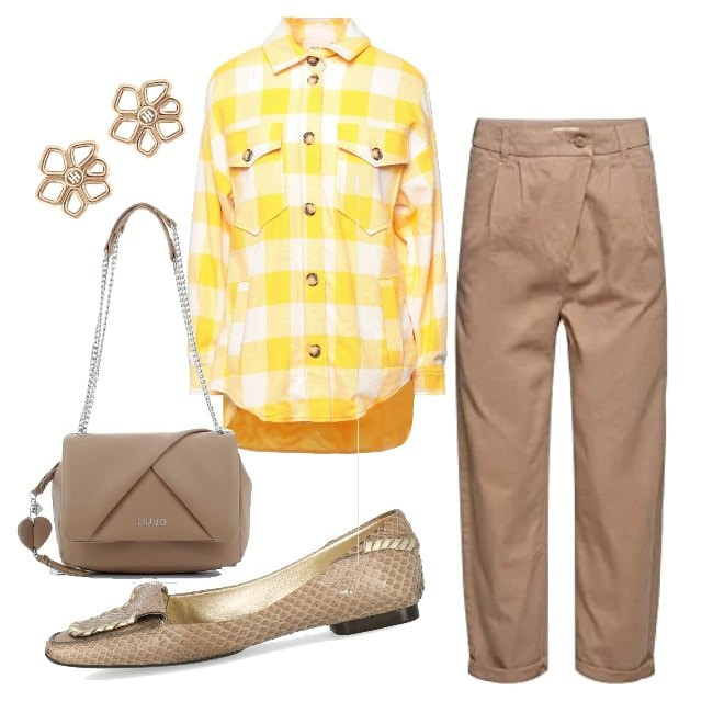 Outfit donna - Settembre. Stile Basic per Tutti i giorni. Abbinamento con camicie, ballerine, borse a tracolla, pantaloni, orecchini.