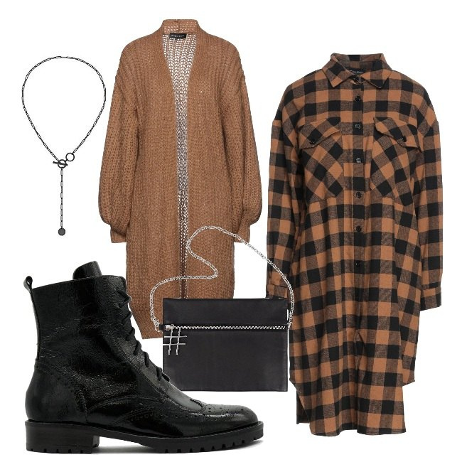 Outfit donna - Settembre. Stile Urban per Tutti i giorni. Abbinamento con vestiti midi/longuette, cardigans, borse a tracolla, anfibi, ciondoli.