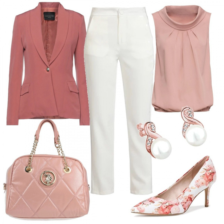 Outfit donna - Rose sulle décolletés. Stile Casual chic per Tutti i giorni. Abbinamento con blazer, borse a mano, top, pantaloni, décolleté, orecchini.