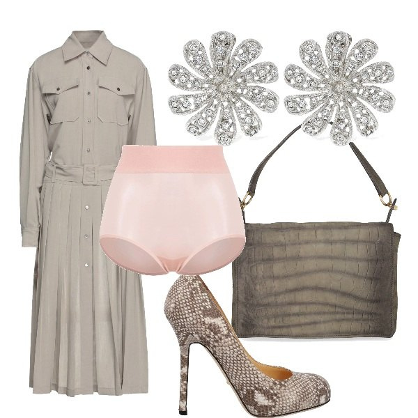 Outfit donna - Creimonia curvy. Stile Bon Ton per Cerimonia. Abbinamento con camicie, borse a spalla, décolleté, slip, orecchini.