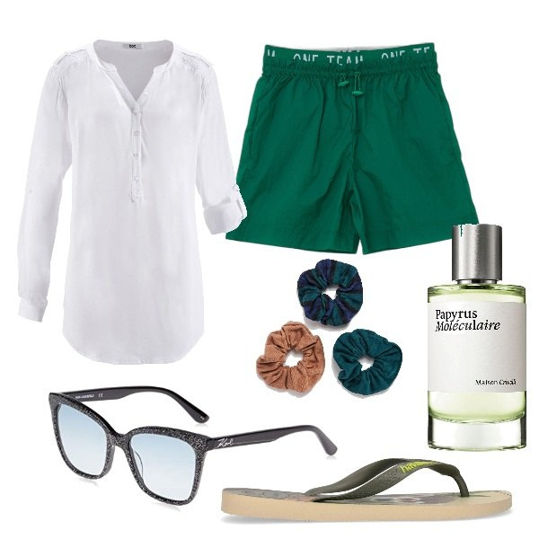 Outfit donna - Rientro smart. Stile Casual chic per Ufficio. Abbinamento con tuniche, accessori per capelli, shorts, occhiali da sole, infradito, profumi.