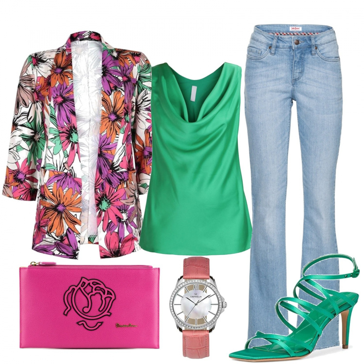 Outfit donna - Orologio gioiello. Stile Glamour per Serata fuori. Abbinamento con jeans bootcut, top, blazer, pochette, sandali col tacco, orologi analogici.