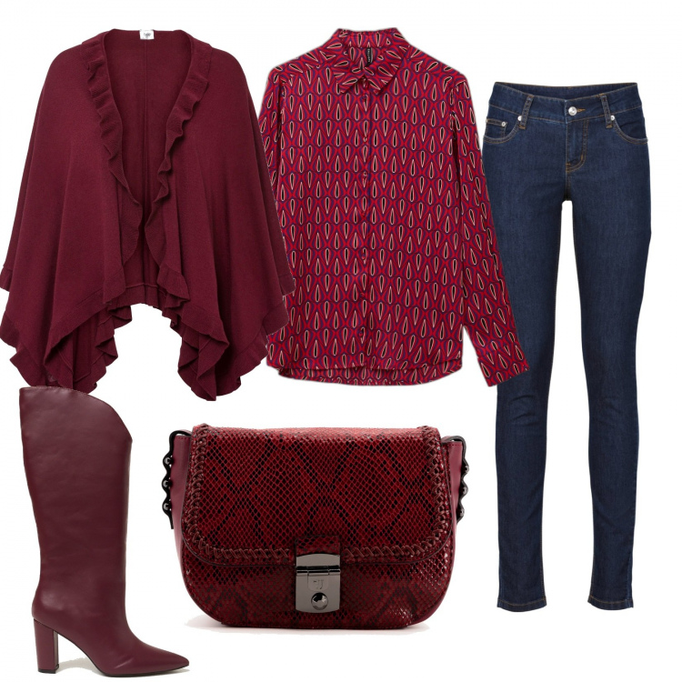 Outfit donna - Rosso diVino. Stile Casual chic per Tutti i giorni. Abbinamento con jeans skinny, cappotti, borse a tracolla, camicie, stivali.