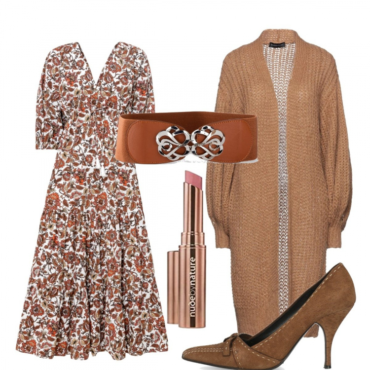 Outfit donna - Total look #1404912. Stile Boho per Tutti i giorni. Abbinamento con cinture, vestiti lunghi, cardigans, décolleté, rossetti.
