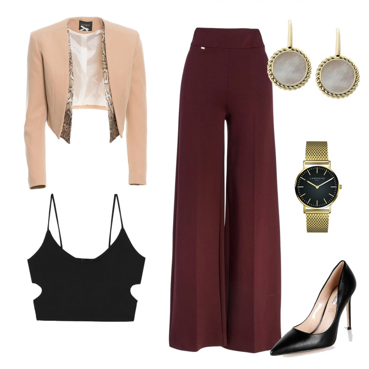 Outfit donna - Total look #1404943. Stile Chic per Serata fuori. look ideale per Petite. Abbinamento con décolleté, pantaloni, bolero, top, orecchini, orologi.