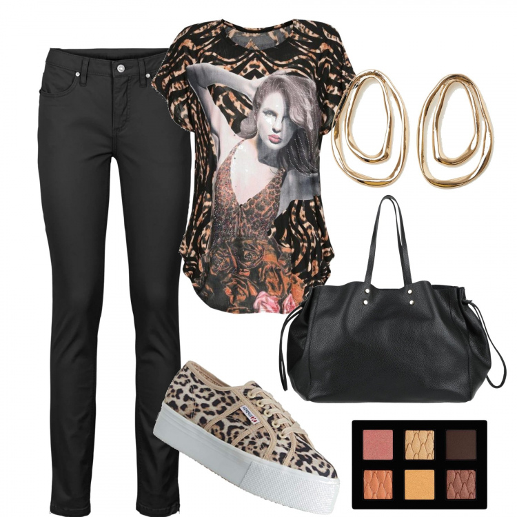 Outfit donna - In città. Stile Casual per Tutti i giorni. Abbinamento con jeans skinny, borse a mano, t-shirt, orecchini, sneakers, ombretti.