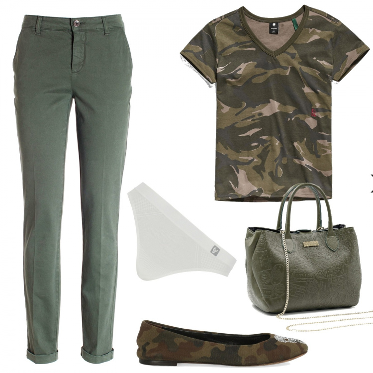 Outfit donna - Back to ... stile mimetico. Stile Military per Tutti i giorni. Abbinamento con pantaloni, ballerine, borse a mano, top, perizomi.