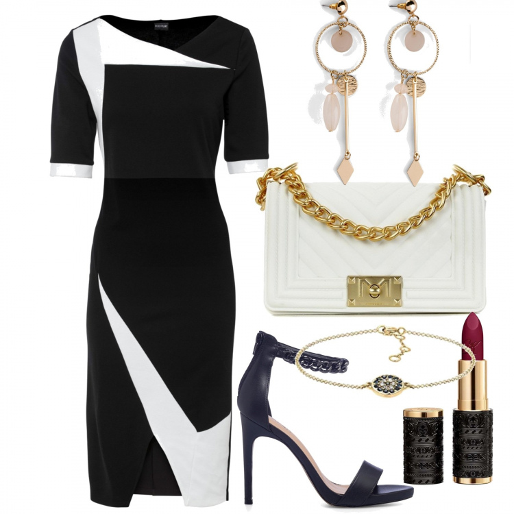 Outfit donna - Geometrie sperimentali. Stile Casual chic per Cerimonia. Abbinamento con vestiti a tubino, orecchini, borse a tracolla, sandali in pelle, braccialetti, rossetti.